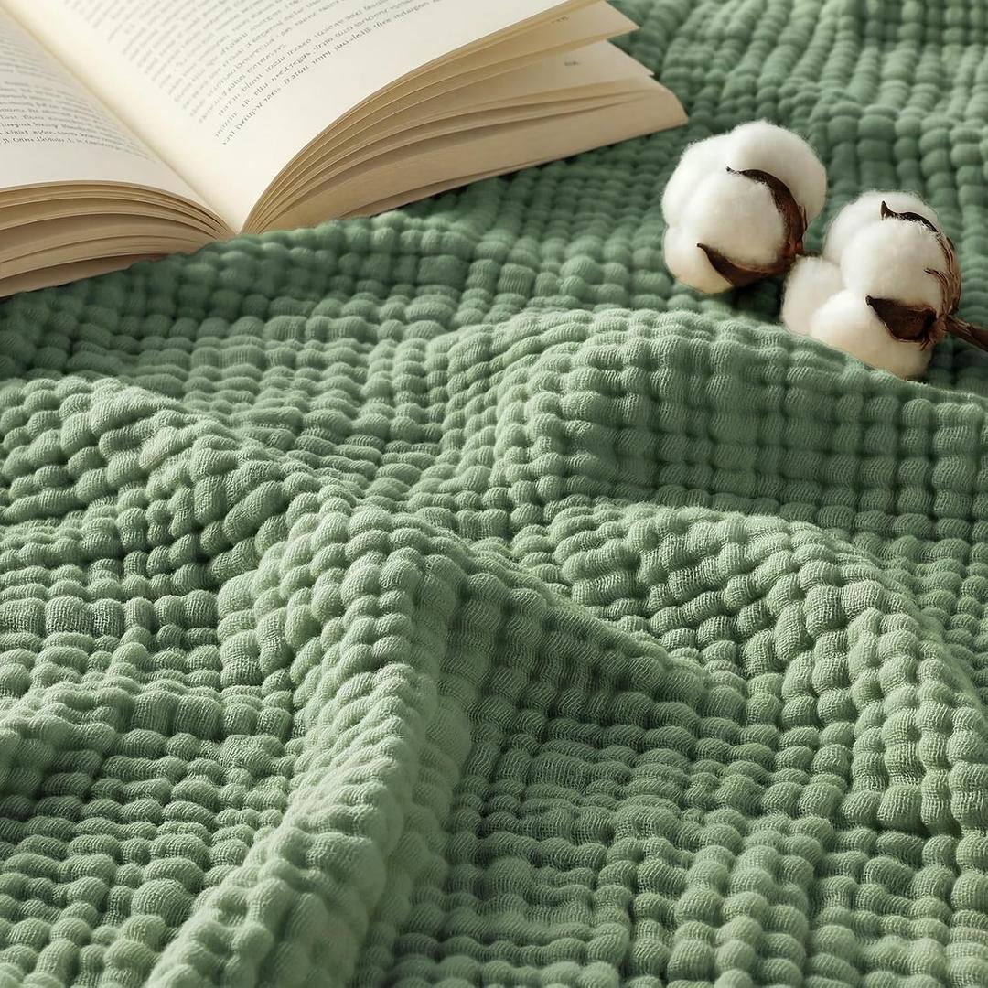 Unnivoll 100% Cotton Muslin Blanket Queen Size 90" x 90" for Bed Couch Summer Gauze Blanket for Adults Lightweight and Breathable Dark Green