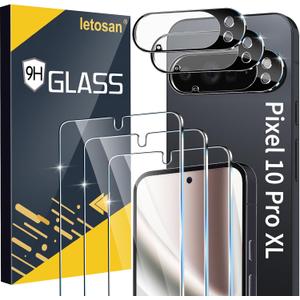 letosan 3 Pack for Google Pixel 10 Pro XL Screen Protector Tempered Glass + 3 Pack Camera Lens Protector, Military Grade Shatterproof, 9H Hardness, Fingerprint Unlock,Case Friendly 6.8 Inch