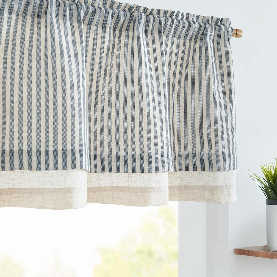 jinchan Linen Valance Curtain Striped Small Window Curtain Double Layer Light Filtering Beach Coastal Modern Farmhouse Valance for Kitchen Living Room Bedroom 18 Inch Rod Pocket 1 Panel Blue on Beige, 50"W x 18"L