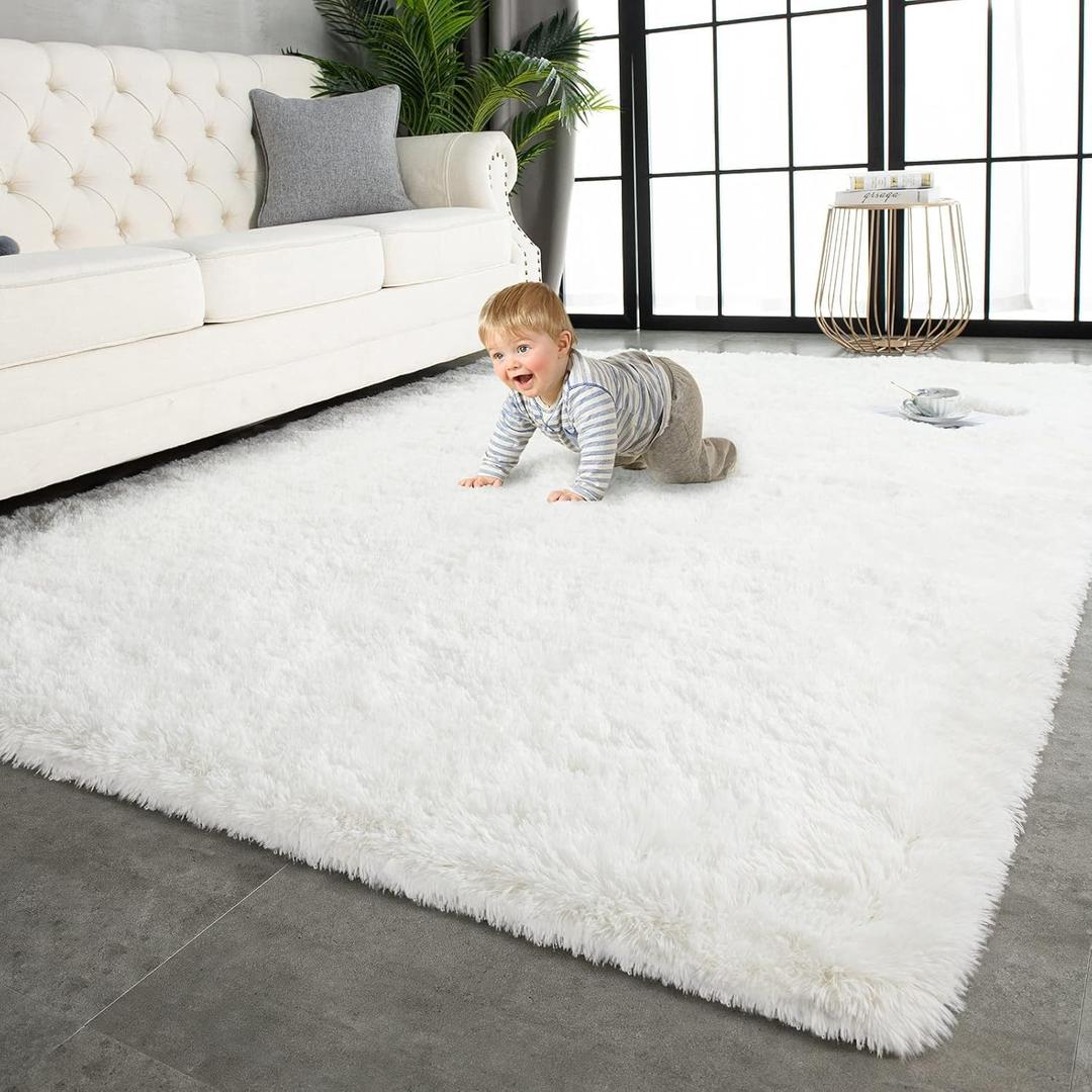 TWINNIS Super Soft Shaggy Rugs Fluffy Carpets 7x10 Feet, Indoor Modern Plush Area Rugs for Living Room Bedroom Kids Room Nursery Home Decor, Upgrade Anti-Skid Fuzzy Rug, Cream White