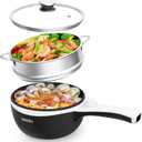 Dezin Hot Pot Electric with Steamer Upgraded, Non-Stick Saut Pan, Rapid Noodles Electric Pot, 1.5L Mini Pot for Steak, Egg, Fried Rice, Ramen, Oatmeal, Soup with Power Adjustment (Black 2)