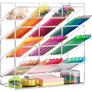 BEYGORM Acrylic Vertical Marker Organizer for 150 Markers with 13 Compartments, Clear Angled Pen & Pencil Holder, Large Desk Stationery & Art Supply Storage for Office & School (10.2 x 9.8 x 4 Inch) | for 150 Markers, Angled, Pen Holders, Desktop Organization, for School Supplie