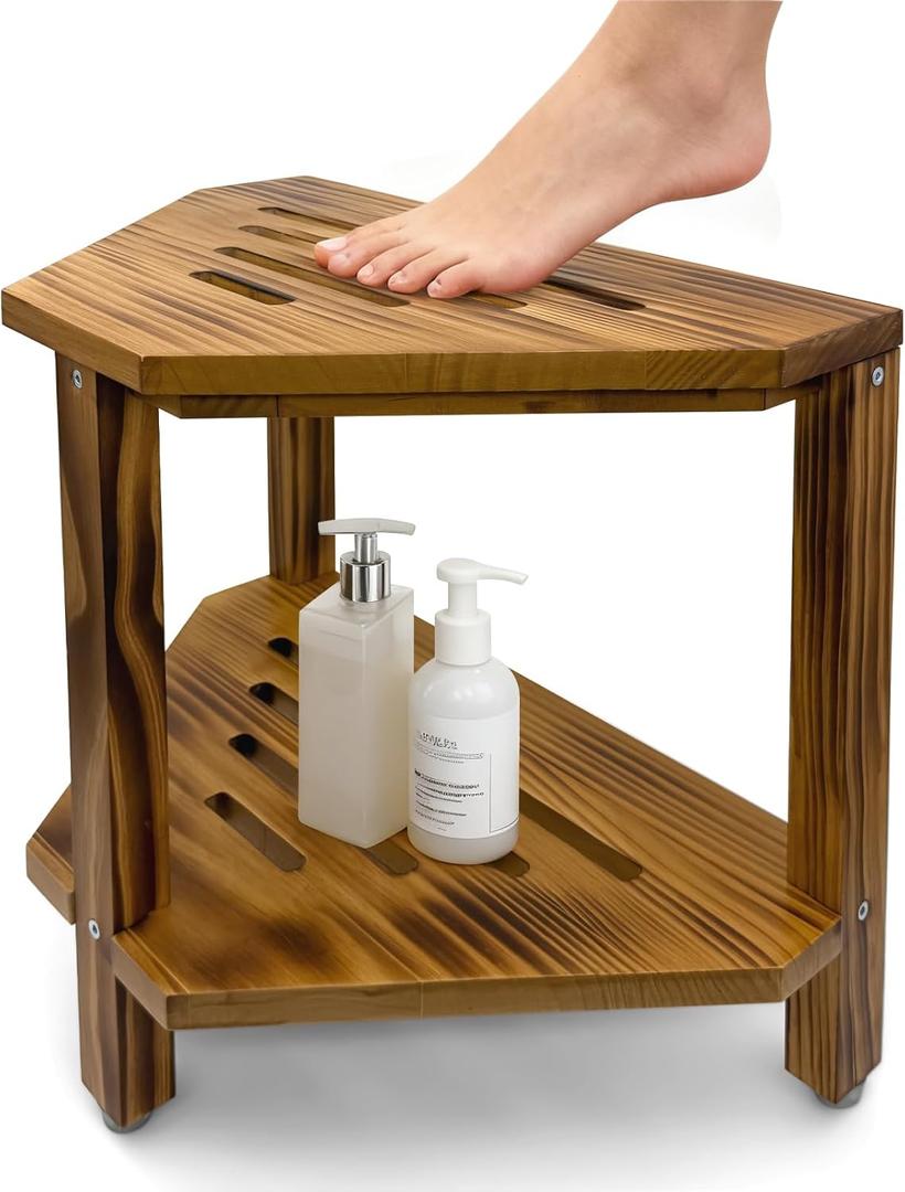 HAOIOKSC Corner Shower Bench with Storage Shelf, Foot Stool for Shaving Legs  Foot Rest & Step for Leg Shaving, Small Shower Seat for Inside Spaces