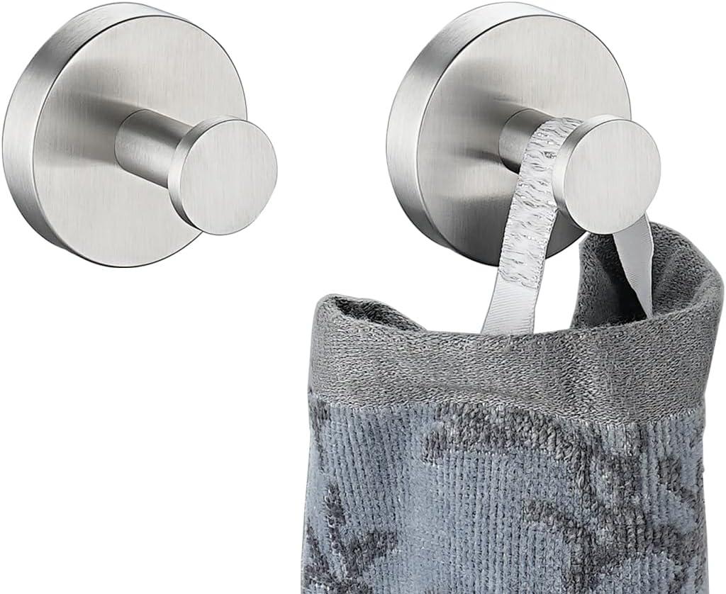 JQK Brushed Steel Towel Hook, Coat Robe Clothes Hook for Bathroom Kitchen Garage Wall Mounted 2 Pack, 304 Stainless Steel, TH600-BN-P2