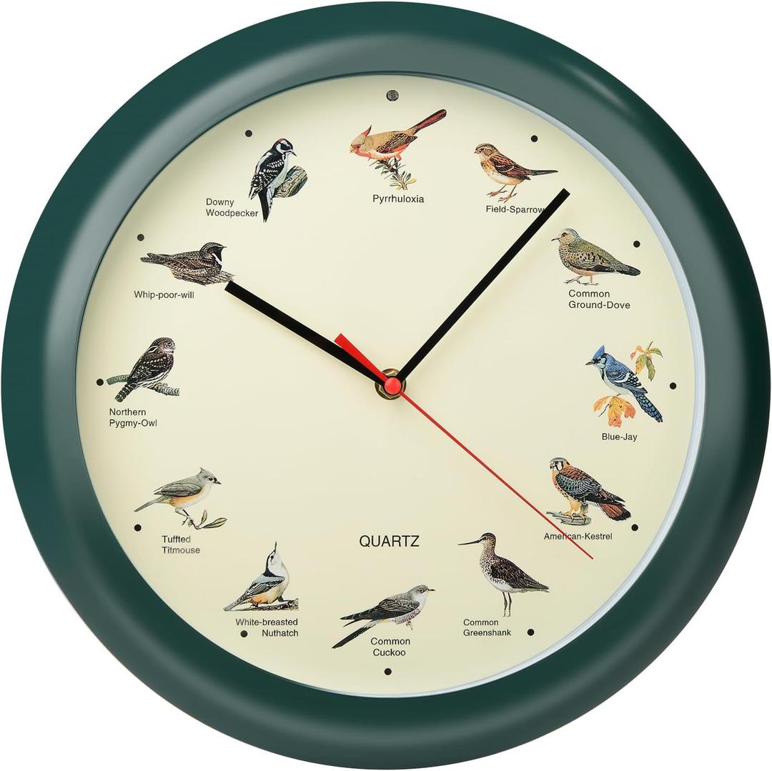 13 Inch Singing Bird Wall Clock Light Sensor Bird Clock That Sings on Hour (Green)
