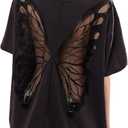 Women Butterfly Lace Short Sleeve Top Y2k Oversized Cut Out Solid Crew Neck T Shirts Summer Embroidered Tee (Small, Balck)