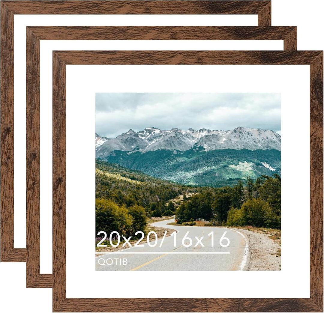 Wood 20x20 Picture Frame with 16x16 Mat Deep Brown, Display 16x16 with Mat or 20x20 without Mat, Wood 20 by 20 Photo Frame, 20 x 20 Frame for Wall Hanging Display, Deep Brown, 3 Pack