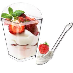 100 Pack 5 oz Dessert Cups with Lids and Spoons, Tall Appetizer Cup Clear Plastic Parfait Cups, Dessert Shot Glasses for Baby Shower Party, Wedding, Birthday Party