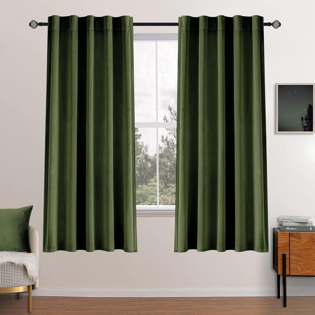 MIULEE Velvet Curtains 63 inch Length 2 Panels - Luxury Blackout Curtains for Bedroom Living Room Thermal Insulated Super Soft Window Drapes Back Tab, Olive Green, W52 x L63 inches (52"W x 63"L (Pack of 2), Olive Green)