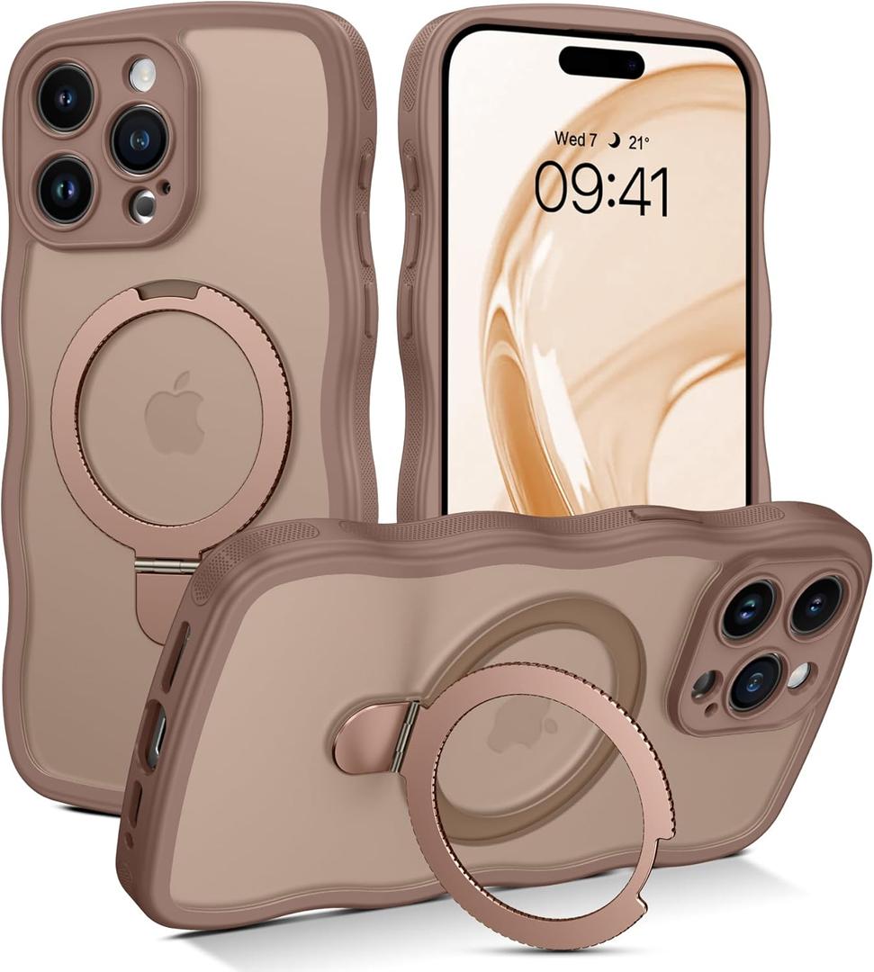 VENINGO for iPhone 15 Pro Max Case, Magnetic Slim Wave Translucent Matte Mag-Safe Invisible Ring Stand Shockproof Phone Cover for iPhone 15 Pro Max 6.7", Desert Brown
