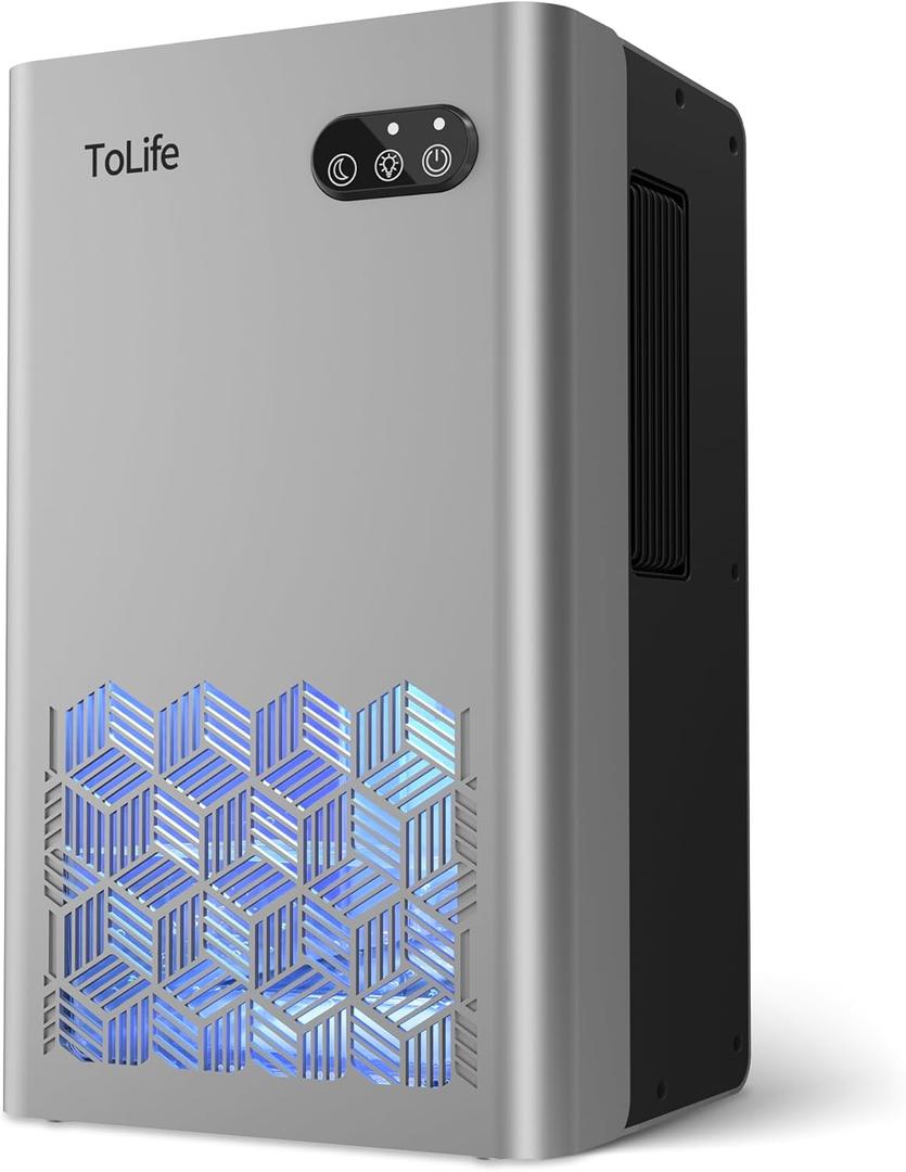 ToLife Dehumidifier for Home, 1000 sq.ft Dehumidifiers for Basement Bedroom Bathroom with 95 OZ Water Tank, Auto Shut Off 7 Colors LED Light, Silver
