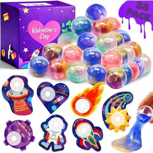 CAMIRUS 28PCS Galaxy Slime Balls with Space Valentines Cards Slime Stress Relief Fidget for Valentine School Classroom Prize Exchange, Valentine Party Favors