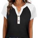 ANRABESS Womens Tops Short Sleeve Henley Shirts Summer V Neck Color Block Tunic T Shirts Casual Blouses Work Trendy Clothes Black Large