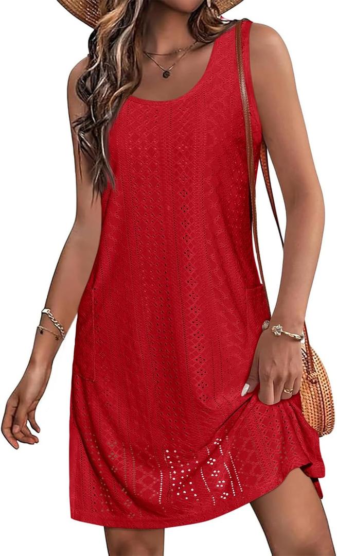 Imily Bela Womens Summer Dresses Casual Beach Tank Eyelet Sleeveless Sundresses 2025 Loose Swimsuit Coverup with Pockets (Medium, Red)