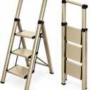 Driaxivel 3 Step Ladder with Handrail, Folding Aluminum Step Stool, Gold 19.1 lb 3-step ladder with handrail, 26.77 in top step, wide anti-slip steps and 2.17 in slim-fold storage, 330 lb, Gold