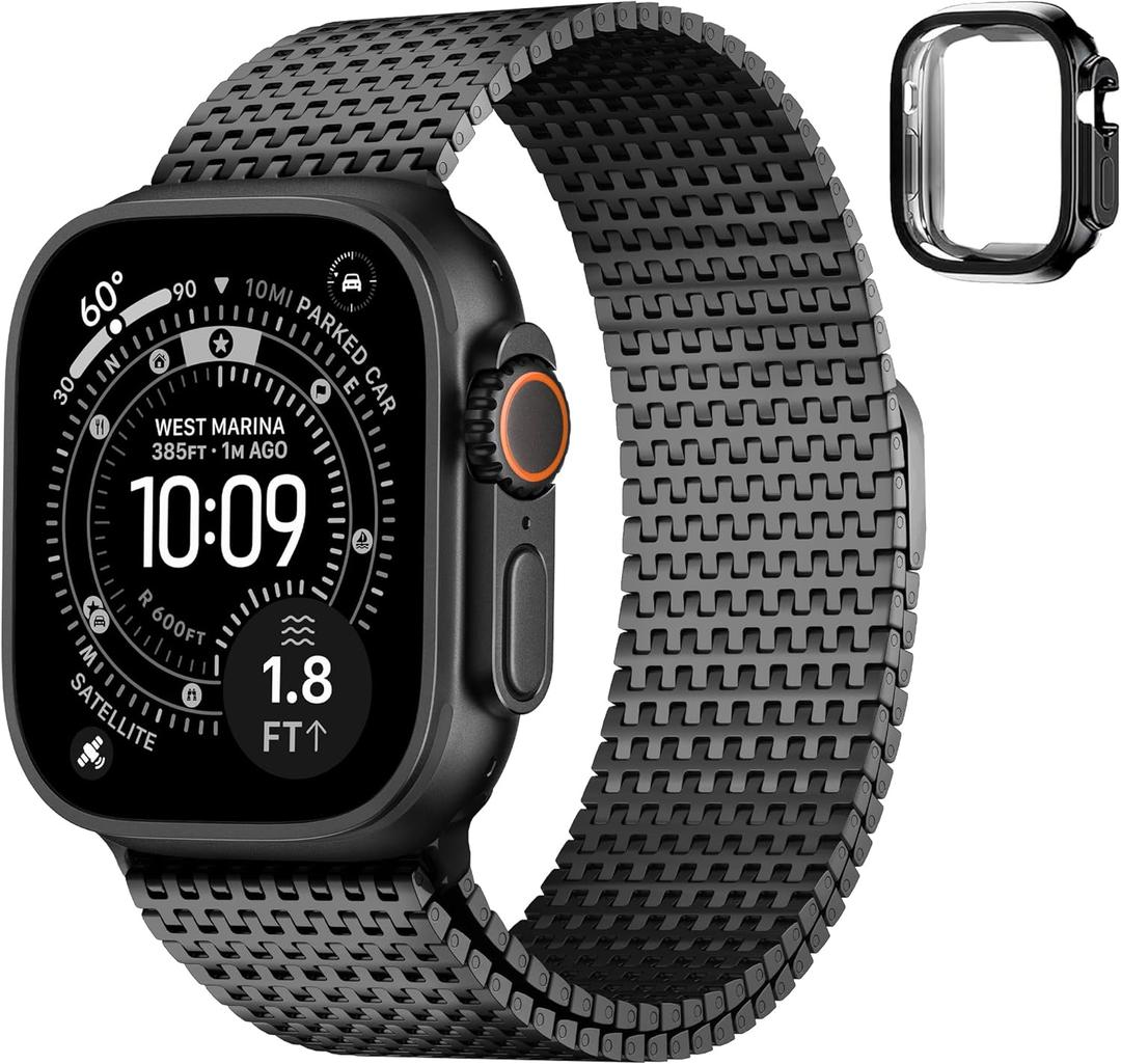 Fullmosa Compatible with Apple Watch Bands Ultra3/2/1 49mm for Women Men, Stainless Steel Mesh Loop Magnetic Clasp iWatch Band with TPU Case for Apple Watch, Black