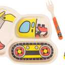 Kids Plates - 3-Piece Bamboo Toddler Plates Dinnerware Set - Divided Plate, Baby Spoon & Fork - Teaches Portion Control (1excavator), Set Of 2