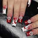 24Pcs Valentines Press on Nails Long Coffin Fake Nails with Hollow Out Heart Nails Charms Design French Tip False Nails Glossy Full Cover Glue on Nails Valentines Heart Acrylic Nails for Women
