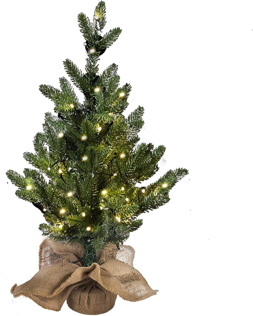 MorTime 24 Inch Mini Artificial Christmas Tree with 50 LED Lights, 2 ft Table Top Christmas Pine Tree 29 Tips with Burlap Wooden Base, Christmas Winter Home Decorations