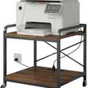 Under Desk Printer Stand with Power Outlet Large Printer Table with Adjustable Shelf,Industrial Wheels, 20 Inches Deep 2 Tier Rolling Printer Cart for Home Office, Rustic Brown