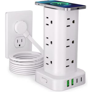 Power Strip with Wireless Charger, Flat Plug Surge Protector with 10FT Extension Cord, 12 AC Multiple Outlets, 4 USB (2 USB C), 15W Wireless Charging Power Tower for Home Office Dorm, White