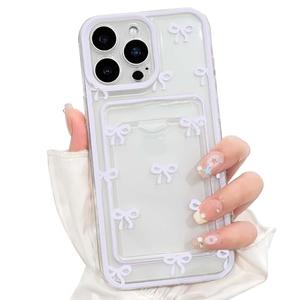NITITOP Compatible with iPhone 15 Pro Max Case with Card Holder Clear Cute Bow Ribbon for Women Girls Colorful Frame Soft TPU Wallet Shockproof Protective Cover - Purple