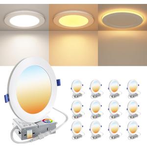 12 Pack 6 Inch LED Recessed Ceiling Light with Night Light| 5CCT Dimmable 2700K-5000K| RA90 1050LM 12W 120V| Ultra-Thin High Brightness Canless Wafer Downlight with Junction Box| IC ETL FCC