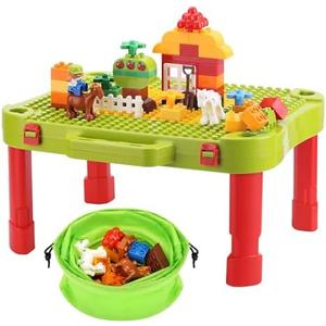 3 in 1 Kids Activity Table, Kids Play Table Set with 42 Blocks, Building Blocks Kit Compatible with Mega Blocks and Lego Duplo, Foldable Activity Desk, Play Board, and Toy Storage for Toddlers