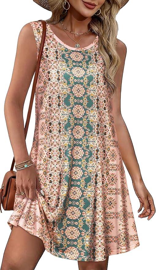 Summer Dresses for Women Beach Boho Sleeveless Vintage Floral Flowy Pocket T-shirt Tank Sundresses 2026, L