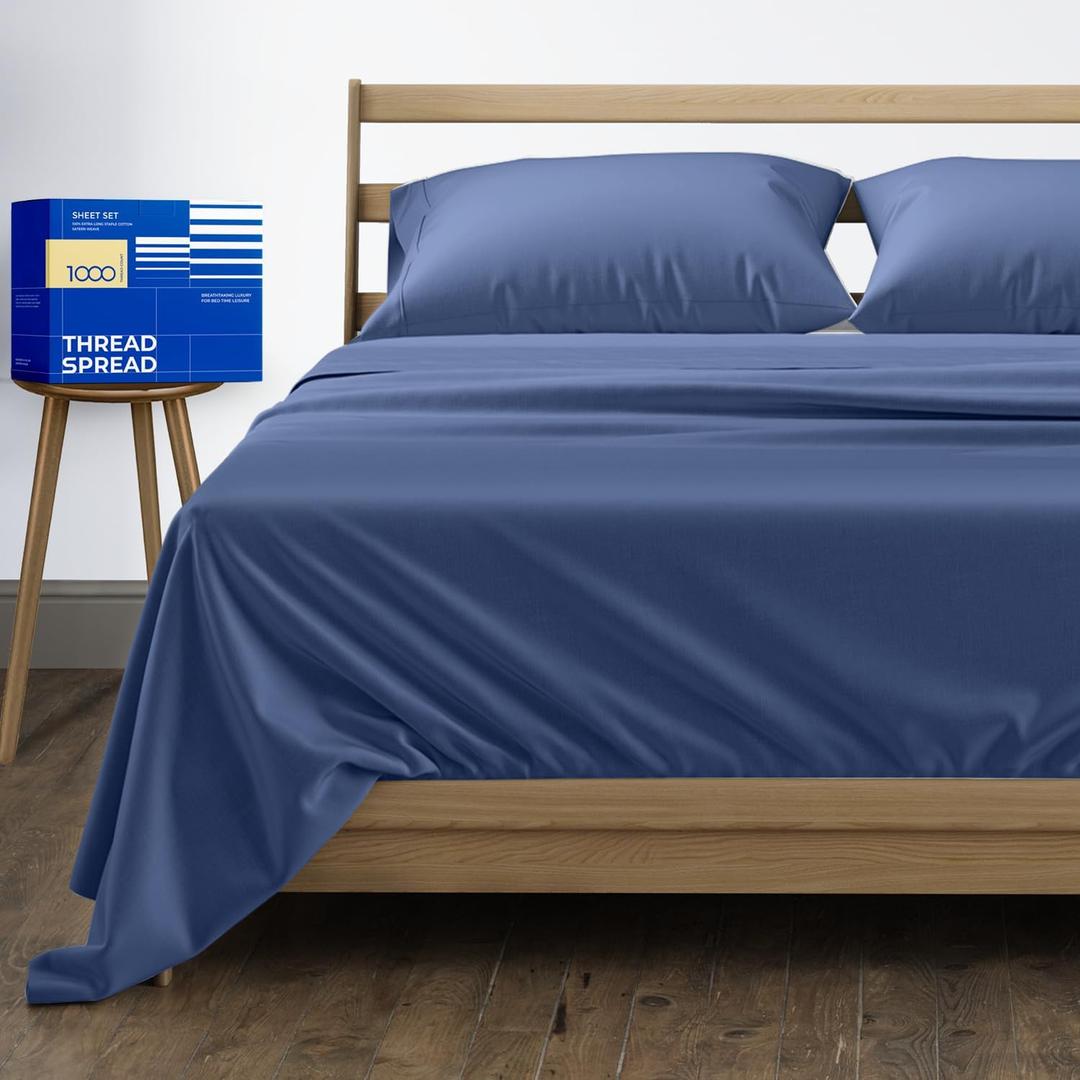 THREAD SPREAD 100% Pure Egyptian Cotton Sheets Full Size - 1000 Thread Count 4 PC Deep Pocket Full Size Bed Sheets Set, Soft Sateen Weave Luxury Hotel Cooling Sheet, Fits Mattress Upto 18" - Deep Blue