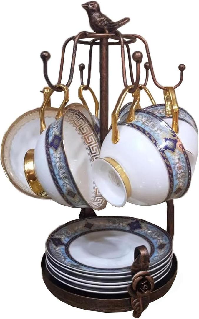 Coffee Mug Tree, Coffee Cup Holder for Countertop with 6 Hooks, Tea Cup Holder with Small Storage Area Metal Mug Rack Display for Counter Top Kitchen Organizer,Bronze