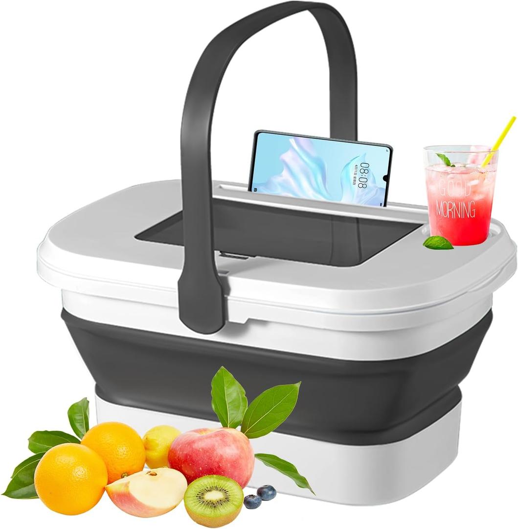 Collapsible Picnic Basket 16L, Folding Basket for Picnic with Lid Table, Waterproof Large Picnic Basket with Handles, Portable Collapsible Storage Basket for Camping, Outdoor, Travel, White