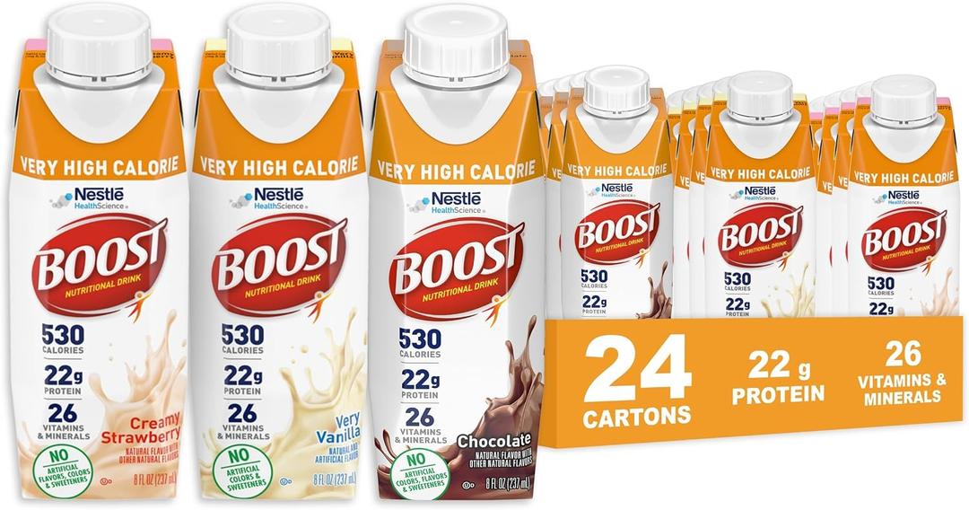 BOOST Very High Calorie Nutritional Drink Helps Weight Gain & Maintenance -530 Calories -26 Vitamins & Minerals - 22 g Protein - Variety Pack - Vanilla, Chocolate & Strawberry - 8 fl oz (Pack of 24), BB 01-28-26