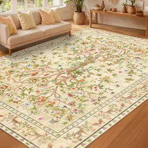 8x10 Area Rugs, Machine Washable Non-Slip Rug, Boho Floral Botanical Soft Low Pile Throw Rugs for Living Room Bedroom, Dining Room, Office, Beige
