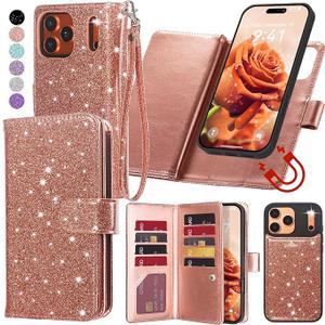 Varikke for iPhone 17 Pro Max Wallet Case Compatible with Magsafe Detachable Magnetic with RFID Blocking Card Holder, Glitter PU Leather Wrist Strap Phone Case for iPhone 17 Pro Max 6.9", 
Rose Gold