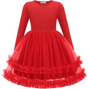 Arshiner Girls Tutu Dresses Toddler Fall Winter Long Sleeve Fluffy Tulle Party Dress for Kids 3-8Y (Red)