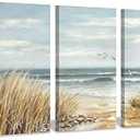 Abstract Beach Canvas Wall Art: Seashore Grasses Artwork Print Seascape Painting for Walls (26'' x 16'' x 3 Panels)