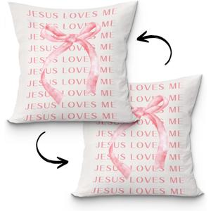 Coquette Pink Bow Pillow Cover 18x18, Jesus Loves Me Christian Pillow Covers, Christian Gifts for Women Girls, Coquette Room Decor, Christian Home Room Decor, Pink Room Decor,685Pillowcover