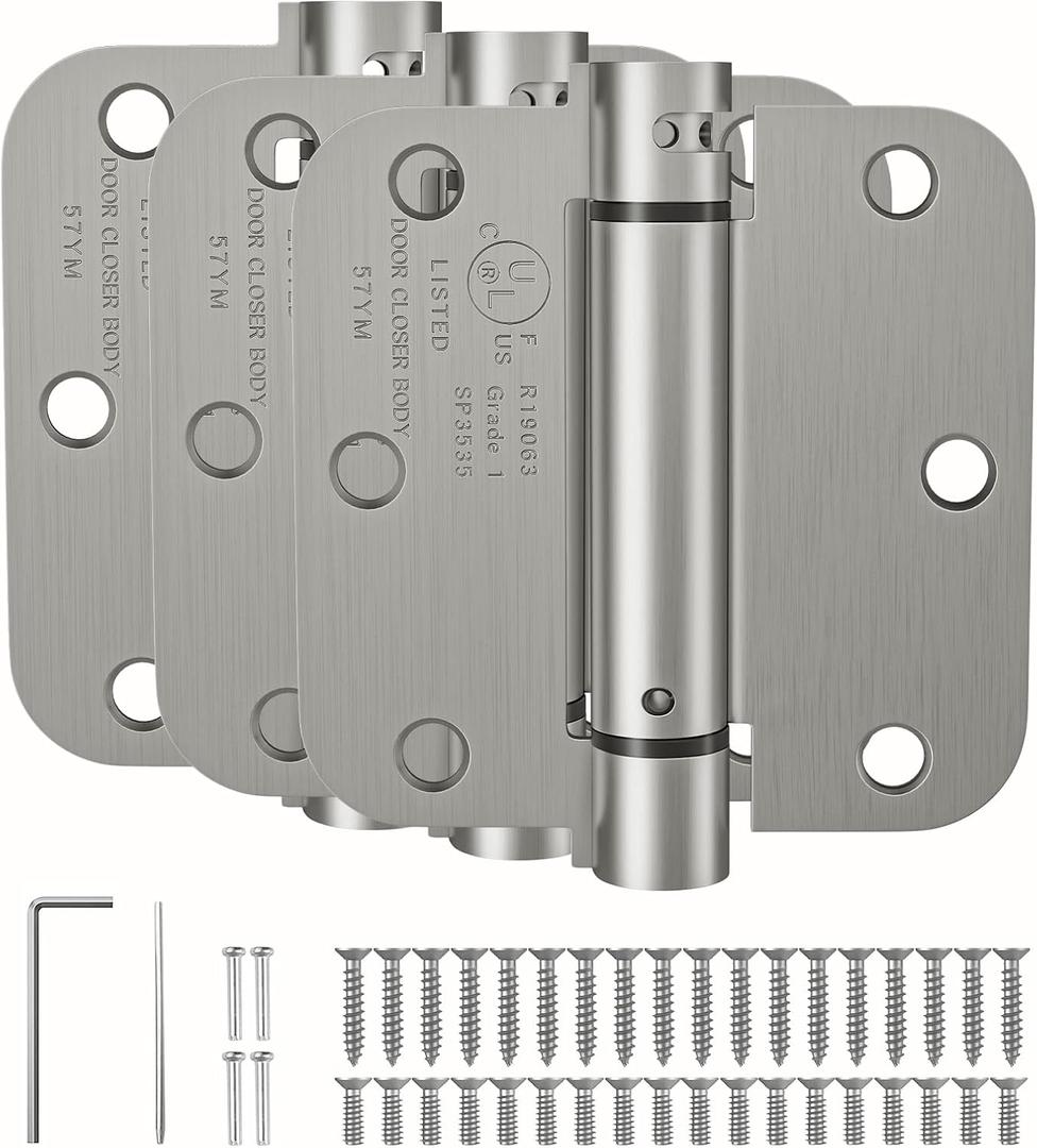 HOSOM Self Closing Door Hinges 3.5 Inch Spring Loaded Hinges Adjustable Tension for Interior Door, UL Listed, for Left and Right Hand Door, 5/8'' Radius Corners, Brushed Nickel, 3 Pack