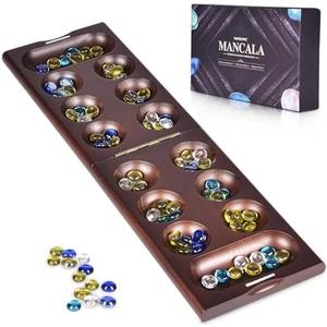 VAMSLOVE Wooden Mancala Board Game with Magnetic Lock / 48+8 Extra Multi Color Glass Stones, Folding Mancala Set for 2 Player, 6 Age and Up (Instructions Included)