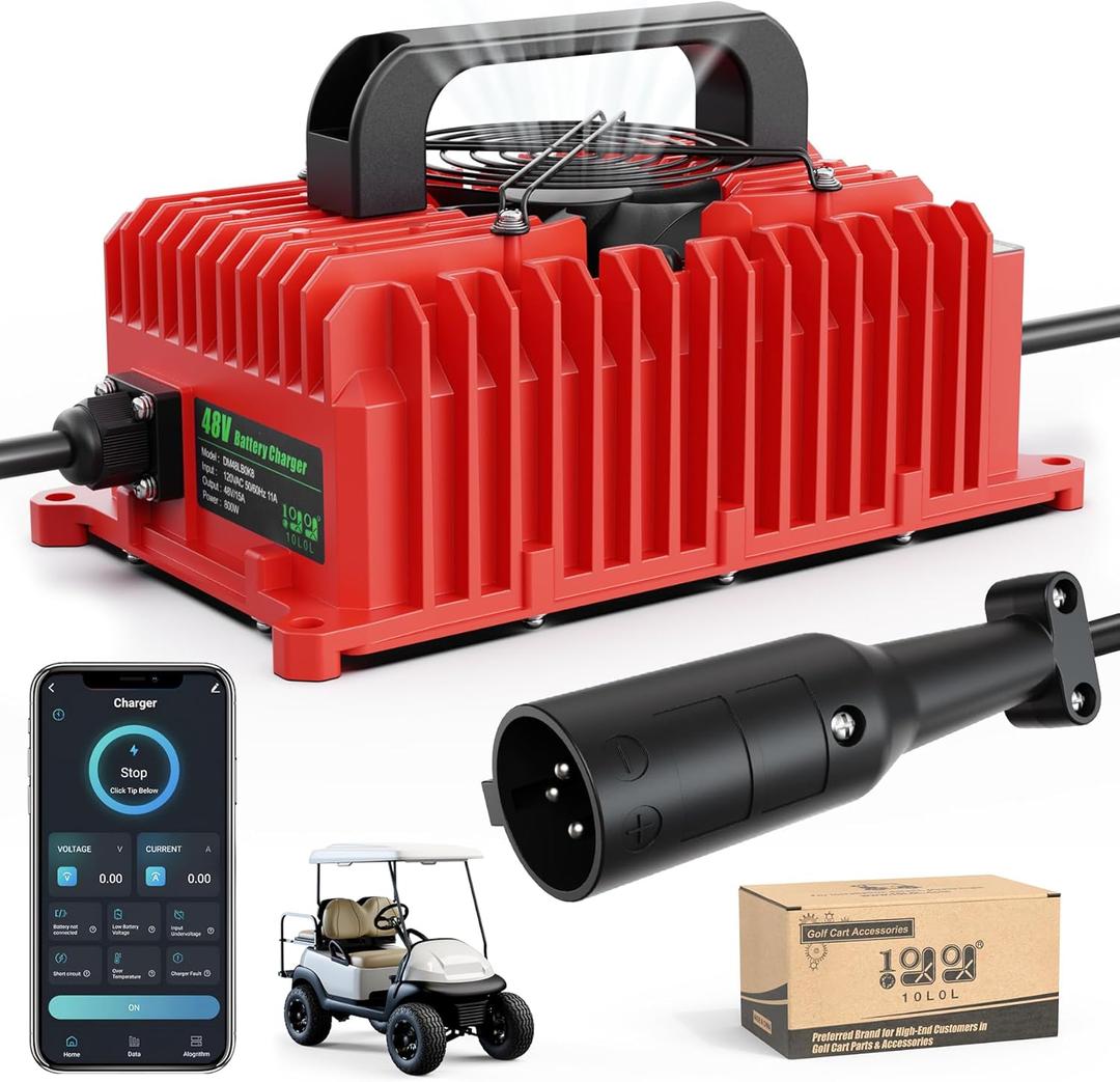 10L0L 15 Amp 48 Volt Golf Cart Charger for Club Car DS Precedent, Smart Golf Cart Battery Charger, 3 Battery Types Support, Battery Repair, Automatic Power Recharge, IP67 Waterproof (Red)