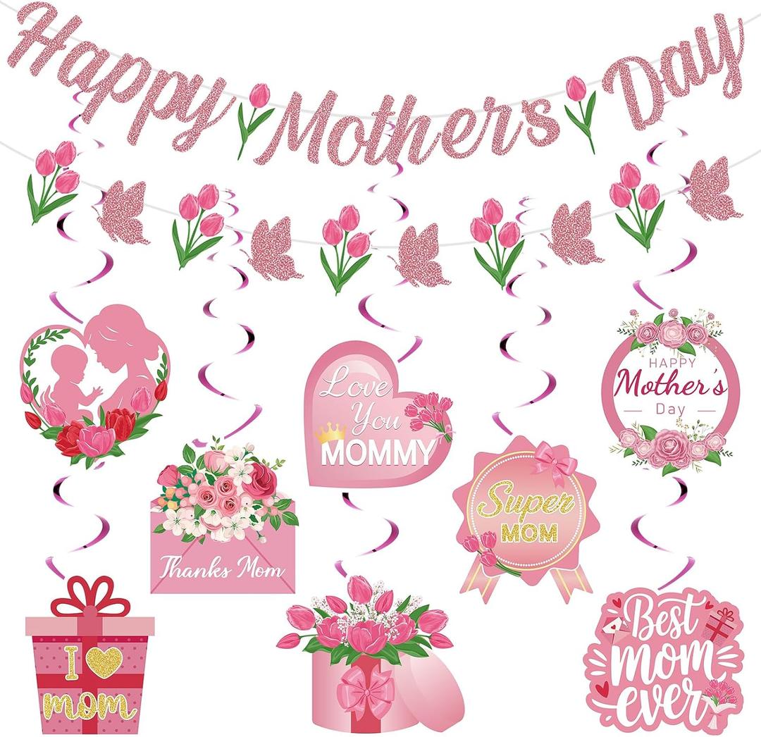 Happy Mother's Day Decorations, Mother's Day Banner Garland with Hanging Swirl Decorations, Pink Floral Mom Party Decor Set for Ceiling Home Party Backdrop Celebration