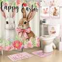 6 Pcs Easter Shower Curtain Set Bunny Bathroom Decor with Waterproof Shower Curtain 72 x 72 Inches Toilet Lid Cover Towel U Shaped Rugs Non Slip Bath Mat Hook for Bathroom
