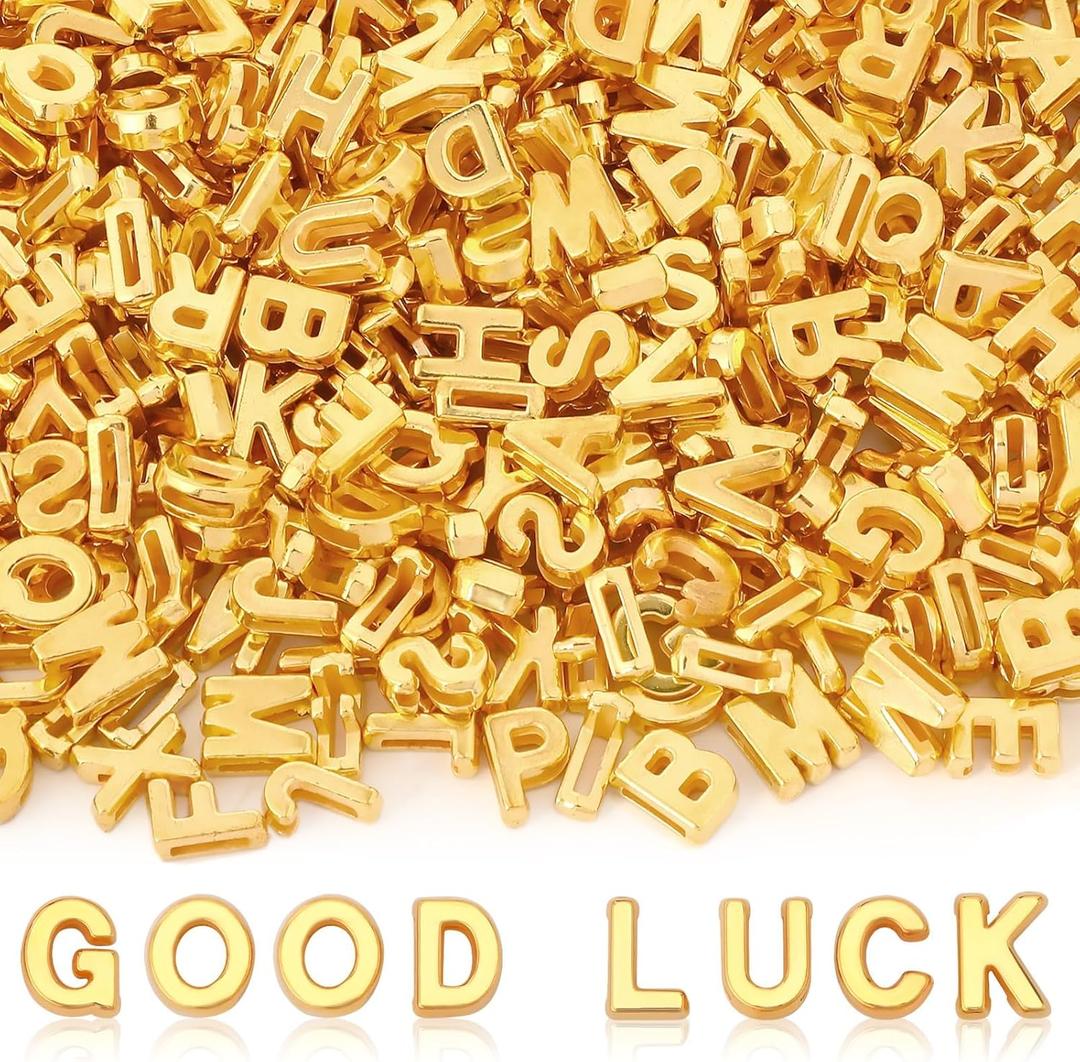 Augshy 400Pcs Gold Large Letter Beads,A-Z Mixed Big Alphabet Shape Beads for Jewelry Making Bracelets Necklaces Key Chains Shoelaces Crafts Party Decor(9 x 12 mm)