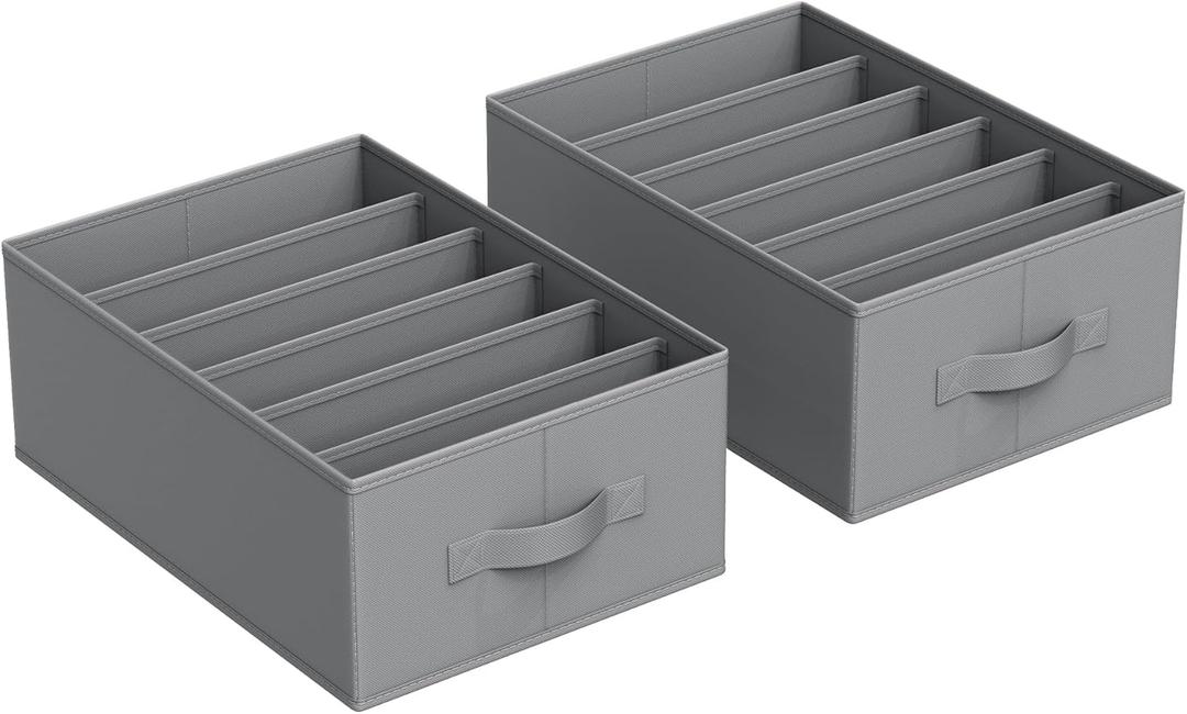 SONGMICS Set of 2 Large Size Wardrobe Clothes Organizers, 6-Compartment Foldable Drawer Organizers with Handles, 16.5 x 11.8 x 6.7 Inches, for Pants, Sweaters, Jeans, Dove Gray