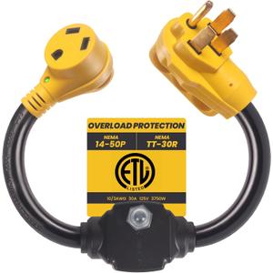 Overload Protector 50 Amp to 30 Amp RV Adapter Plug for Camper with Circuit Breaker, NEMA 14-50P to NEMA TT-30R Electrical Power Adapter with LED Power Indicator, RV Dogbone Adapter Cord, 18 Inch