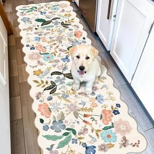 4' x 10",  Washable Hallway Runner Rug: Floral Kitchen Rugs with Non-Slip Backing Vintage Low Pile Entryway Carpet for Living Room Bedroom Ultra Soft Water Resisitant Floor Mat for Bathroom Laudry(4' x 10', Cream)