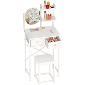 19.7"W Small Vanity Desk with Mirror & Chair, Mini Cute Makeup Vanity Table Set with 2 Fabric Storage Drawers Opening Shelves, Compact Vanity Desk for Kids Girls Gifts, Bedroom & Small Spaces, White