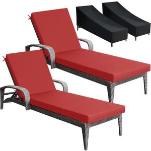 Patelai 2 Set Outdoor Chaise Lounge Cushions with Chair Covers, 70 x 21 x 3 Inch Waterproof Sun and Fade Resistant Thick Replacement Lounge Chair Cushions with Pockets for Patio Poolside (Red)
