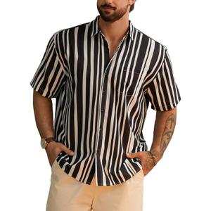 Hardaddy Men's Striped Shirts Casual Short Sleeve Button Down Summer Hawaiian Shirts (Medium)